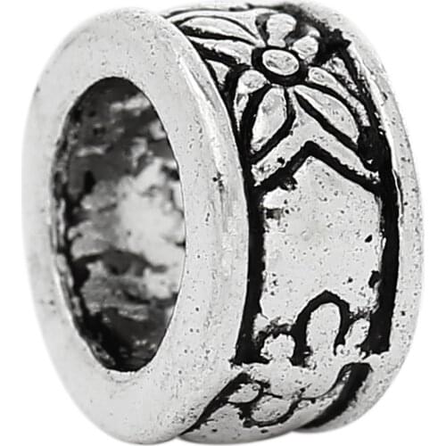 Zinc Alloy European Style Large Hole Charm Beads Round Antique Silver Color Flower Carved About 8mm Dia, Hole: Approx 5mm,100PCs