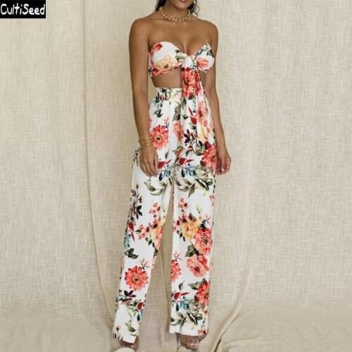 Cultiseed Women Sexy Lacing up Bandage Strapless Chest+High Waist Long Pant 2pc Set Female New Floral Holiday Casual Sets Suits