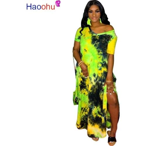 HAOOHU Women Tie Dye Print V-neck Short Sleeve Side Split Loose Slim Maxi Long bright color Dress Vestidos