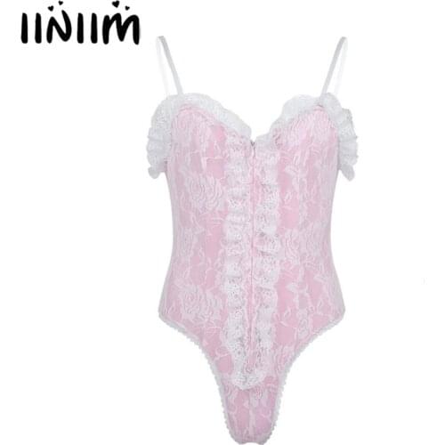 Iiniim Mens Sissy Lingerie Baby Lover High Cut Bodystocking Exotic Costumes Ruffle Lace Bodysuit Catsuit Sexy Gay Male Clubwear