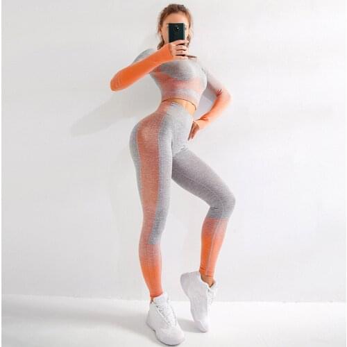 2pcs Seamless Female Yoga Set Long Sleeve Top High Waist Belly Control Sport Leggings Gym Clothes Seamless Sport yoga Suit