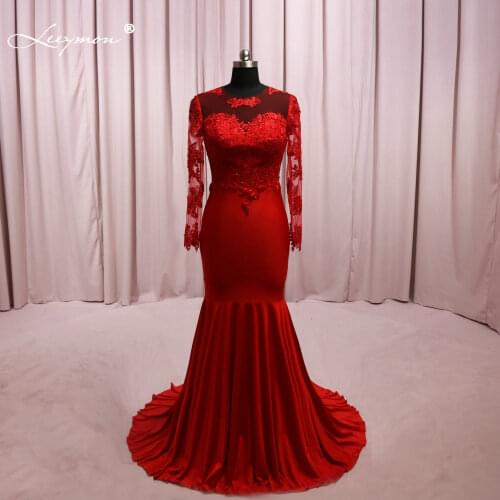 Leeymon Elegant Mermaid Evening Dresses 2020 Red Lace Appliques Beaded Vestido De Festa Long Illusion Back Prom Dress YB0139