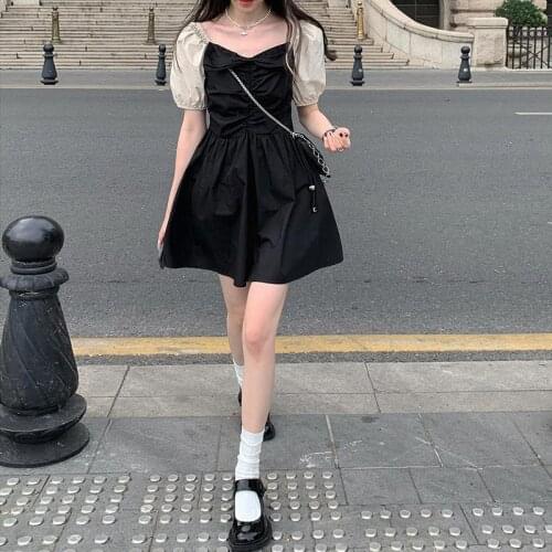 Summer Mini Dress Women Black Puff Sleeve Korean Style Sweet Dress Bow Japan Style Kawaii Elegant Vintage Party Dress Y372