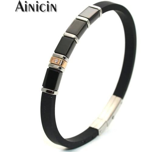 Fashion Mens Black Rubber Bracelets 6mm Wide Adjustable Bangles Stainless Steel Zircon CZ Setting Women Gift Jewelry