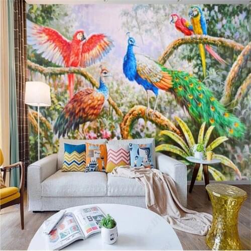 Custom size hand-painted oil paint forest peacock parrot art photo 3D wall papers home decor mural self-adhesive wallpaper