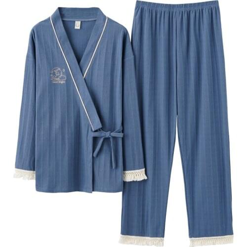 Autumn Winter Pyjamas Female Girl Pajama Sets Lovely Lace Splice Japanese Kimonos For Women Plus Size M-XXXL Pure Cotton Yukata