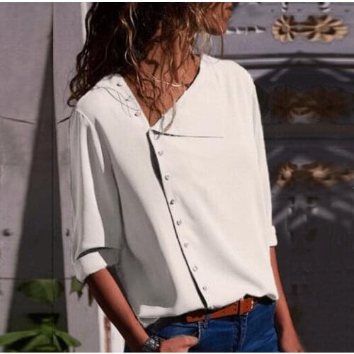 Autumn Women Chiffon Blouse casual oblique button Solid Sexy Lady Shirts Loose Tops Long Sleeve Female Blouse Blusas