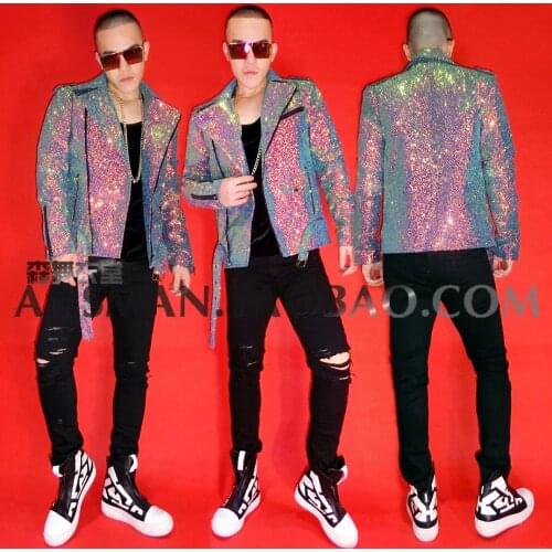 Hot Nightclubs New Male Singers Dj Colorful Flash Diamond Mens Motorcycles Leather Jackets Men Fashion Costume Menswear S-5xl