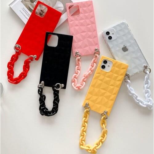 Fashion Wrist Chain Square Diamond Phone Case for iPhone 12 Mini 11 Pro XS Max XR Lanyard Wristband Hand Holder Soft TPU Cover