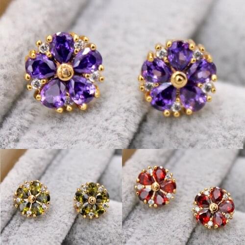 Trendy Stud Earrings for Women Gold Color flower Earring with red Zircon Trendy Jewelry for Party Wedding Anniversary Gift