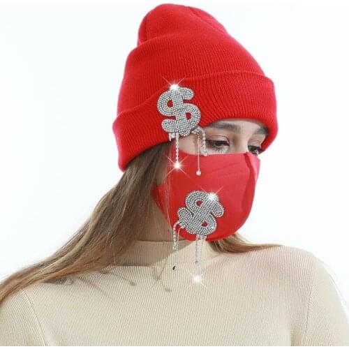 Hat and mask set Fashion crystal diamond Winter Knit Beanies Hat Thick Warm Butterfly Mask Caps Women Outdoor Ski Cap