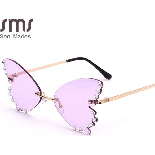 Fashion Butterfly Diamond Sunglasses Women 2020 New Rimless Sun Glasses Oversized Steampunk Eyeglasses Vintage Eyewear UV400 Men