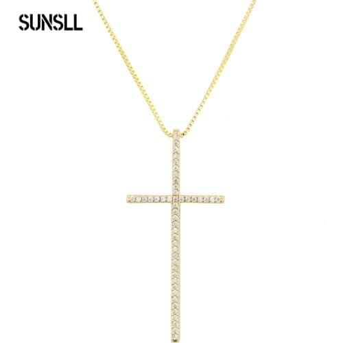 SUNSLL 2021 New Arrival High Quality Gold/Silver Plated Cubic Zircon Jesus Cross Pendant Necklace Men Women Necklace Jewelry