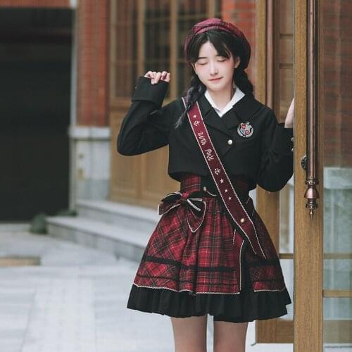 England college student style sweet lolita jk uniform suit short jacket +skirt plaid autumn winter soft girl cosplay loli