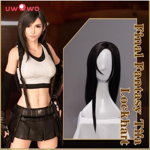 Uwowo Final Fantasy VII Cosplay Tifa Lockhart Wig Women Girl 80cm Black Long Hair Straight Side Parting Style Halloween Carnival