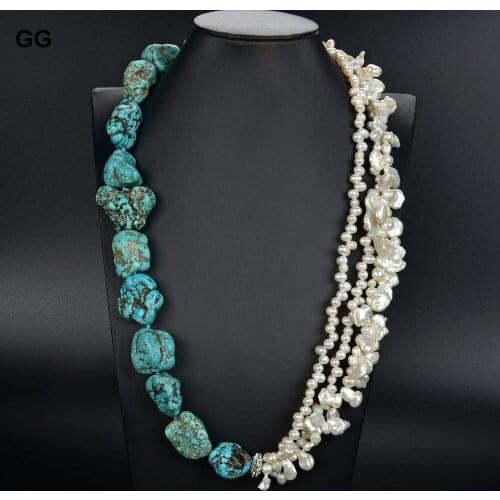 GuaiGuai Jewelry Natural Pearl White Keshi Baroque Pearl Blue Turquoise Stone Necklace