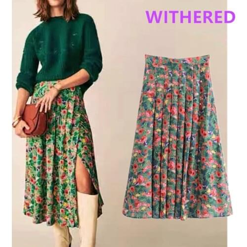Jenny&Dave long skirts womens ins bogger england vintage floral print pleated fork high waists skirt women faldas mujer moda