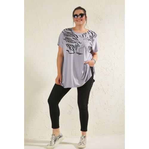 Womens Gray Large Size Temporary Shed Fronting Print Detailed T-shirt Comfortable Flexible Koton comfortable Woven