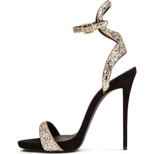 Shoes Woman Heels For 2018 Glitter Bling Decor High Heels Pump Sandals Sexy Peep Toe Buckle Strap Concise Female Gladiator Shoes