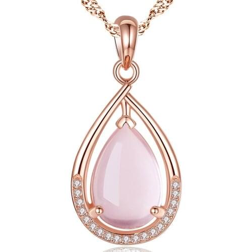MOONROCY Rose Gold Color Chokers Pink Opal Necklace Ross Quartz CZ Waterdrop Heart for Women Girls Gift Dropshipping Jewelry