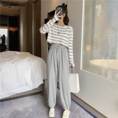 Women Sets Striped Cropped Tops Long Sleeve Elastic Wait Ulzzang Korean Stylish Soft Streetwear Female Simple Chic Casual Loose