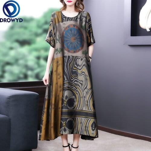 Women Long Dress Summer 2021 New Casual Vintage National Wind Print Short Sleeve Loose O-Neck Blue Dress Bodycon Party Vestidos