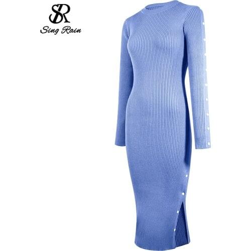 SINGRAIN 2020 Winter Knitted Dress Women Shell Button Long Sleeves Split Sexy Vestidos Korean Elastic Warm Sweater Midi Dresses