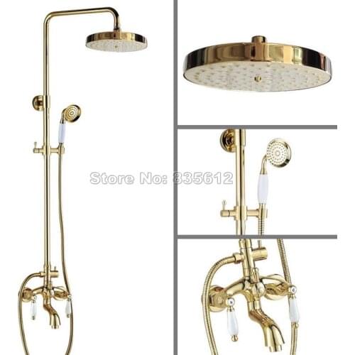 Gold Color Brass Bathroom Round Shower Head Rain Shower Faucet Set with Wall Mounted Dual Handle Mixer tap + Hand Spray Wgf435
