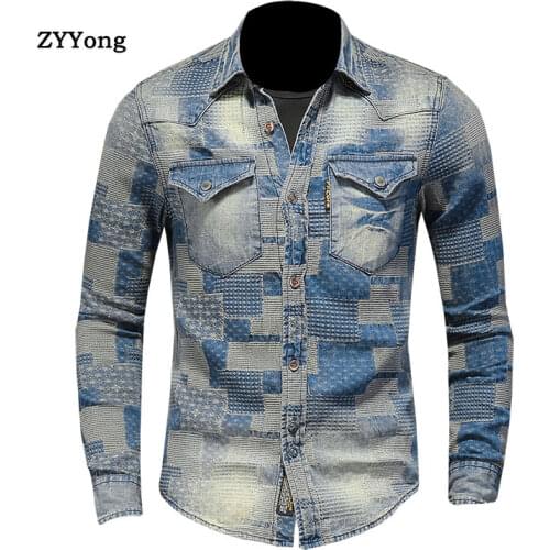 ZYYong Lapel Long Sleeve Patch Retro Men Denim Shirt Literary Personality Lattice Motorcycle Style Casual Long Sleeve Thin Coat