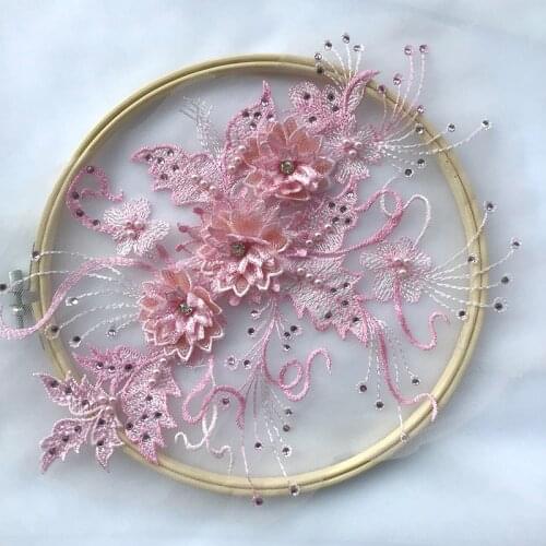 1 Pcs 30*22cm Elegant Flower Embroidery Pearl Beaded Rhinestone 3D Lace Applique Trim Dress Material Gold//Pink/Nude Pink/Grey