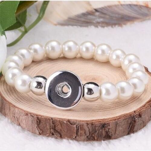 20pcs/lot DIY ginger snap button charm bracelet with glass pearl stretch bracelets High quality rhodium plated metal bracelets