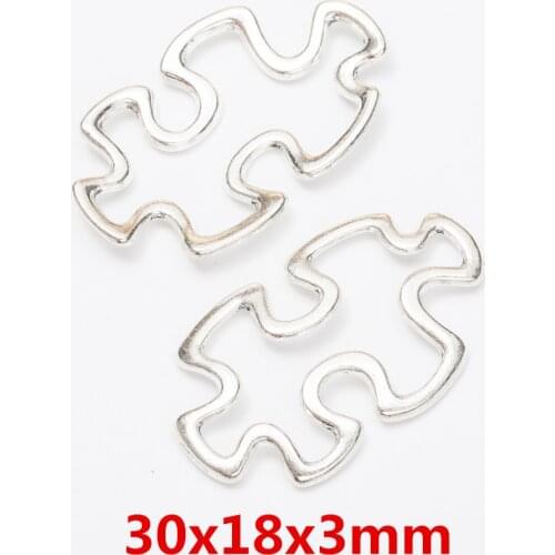 20pcs Hollow Jigsaw Puzzle Piece Charms Pendants Connectors 30x18x3mm Antiqued Silver DIY Bracelet Necklace