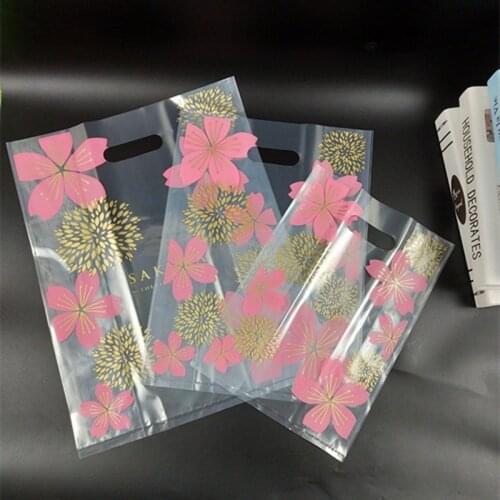 50pcs Plastic Gift Bag With Handle Pink Cherry Flower Cake Packaging Bags Wedding Birthday Party Decoration Food Bread Candy Bag