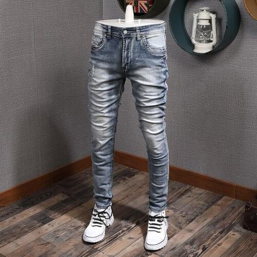 Italian Style Fashion Men Jeans Light Blue Elastic Slim Fit Ripped Jeans Men Vintage Designer Pants Streetwear Hip Hop Jeans