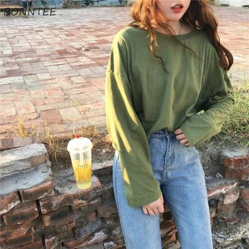 T-shirts Women Solid Long Sleeve All-match Elegant O-Neck Korean Style Leisure All-match Womens Harajuku Students Loose Clothing
