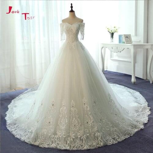 Jark Tozr Custom Made Three Quarter Lace Up Chapel Train Beading Crystal Sequin Princess Wedding Dresses Vestido Branco