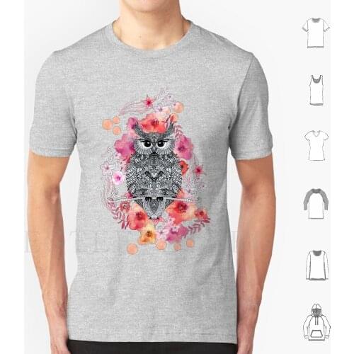 Owl & Flowers T Shirt Men Cotton 6xl Owl Flower Watercolor Rose Pastel Pink Orange Apricot White Felttip Zentangle Doodle