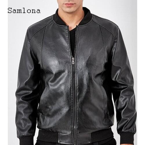Fashion 2021 Faux Pu Leather Jacket Slim Fits Men Clothing Zipper up Open Stitch Mandarin Collar Outerwear Autumn Male Jackets