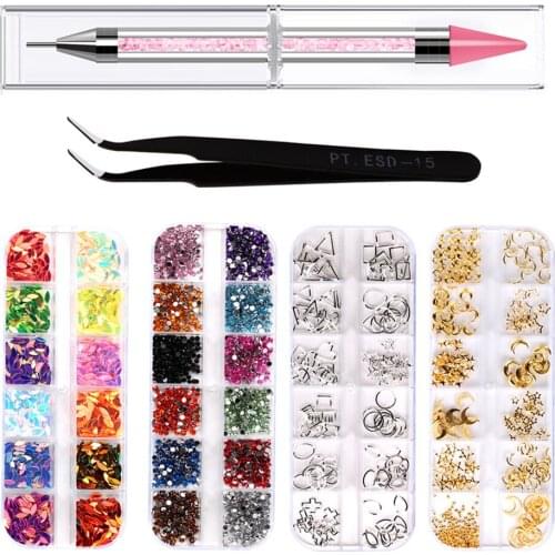 6x Shimmer Nail Rhinestones Glitters Design Curved Tweezer Dotting Tools Pen Kit