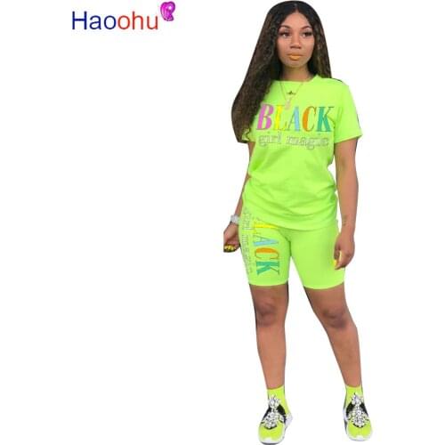 HAOOHU 2020 Women new summer letter print short sleeve t-shirt knee length shorts suit two piece set sporting tracksuit outfit