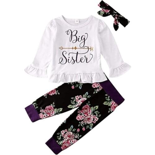 Childrens suit round neck letter pit strip lace cuffs printed bow three-piece girl suit