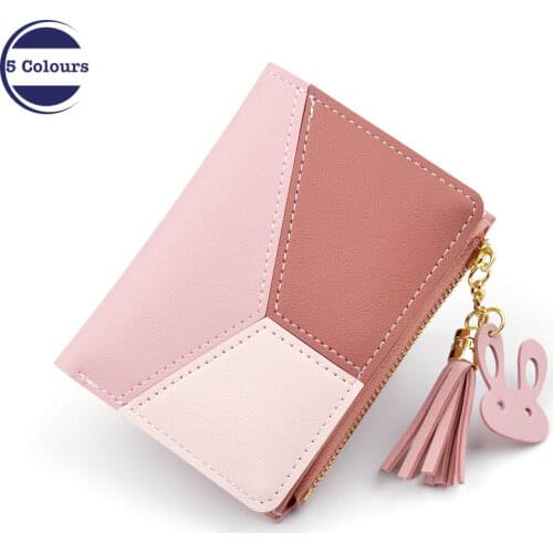 New Wallet Short Women Zipper Wallet Female Student Color Matching Pink Rabbit Tassel Wild Black Wallet Card Package Card Holder