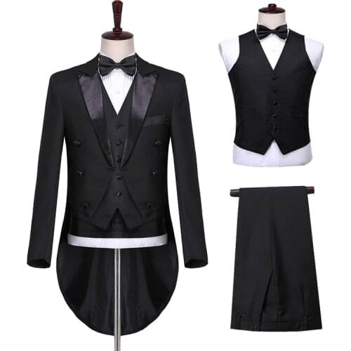 Solid Tuxedo Men Wedding Grooms Embroidered Suits 3 Piece Mens Suits with Pants Prom Singers Stage Costume Tailcoat Men Suit Set