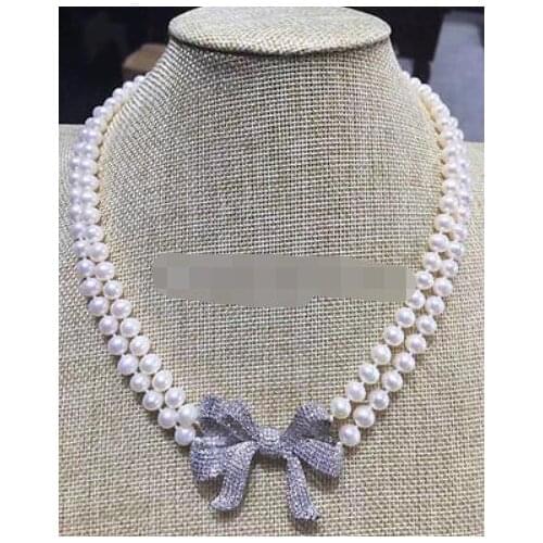 - 2row 19-20" 8-9mm white round freshwater pearl necklace - zircon bowknot