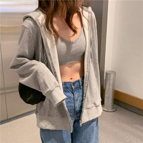 2021Harajuku Korean version loose thin long-sleeved hooded sun protection coat solid color retro shirt student girl top Spring