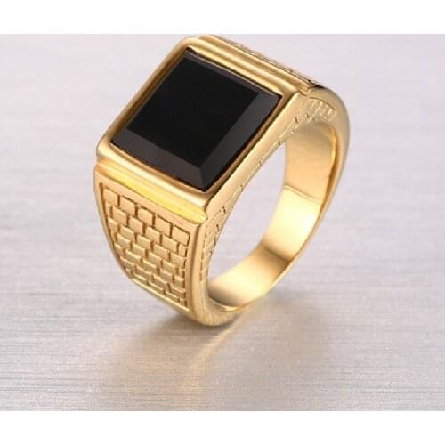 Simple Atmosphere Black Agate Mens Gold Ring Titanium Steel Ring Jewelry Supply