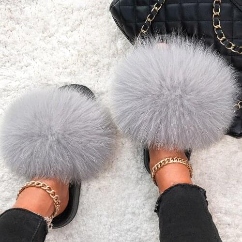 Hot Sale 100% Real Fox Raccon Fur Fluffy Flat Slipper Lady Indoor Slides Furry Young Girl Casual Woman Shoes Fashion Summer 2020