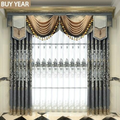 European-style Curtains for Living Dining Room Bedroom Chenille Embroidered Window Screen Curtain Cloth Valance Curtains