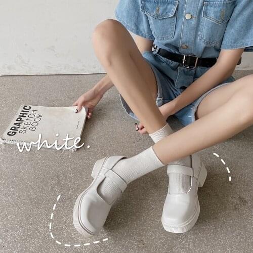 White shoes platform Women small leather Japanese Mary Jane shoes jk thick square toe vintage College Student shoes heels Women
