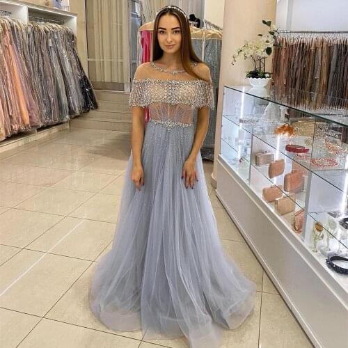Evening Dress 2021 O-Neck Blue Floor Length Crystal Beaded Short Sleeve Court Train Tulle Graceful Women Party Prom Dress Luxury